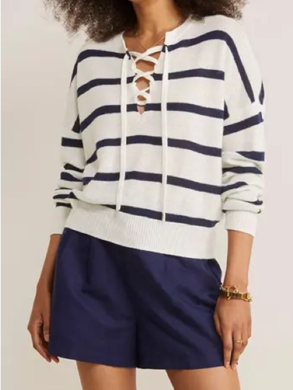 Vineyard Vines White & Navy Striped Lace-Up Sweater